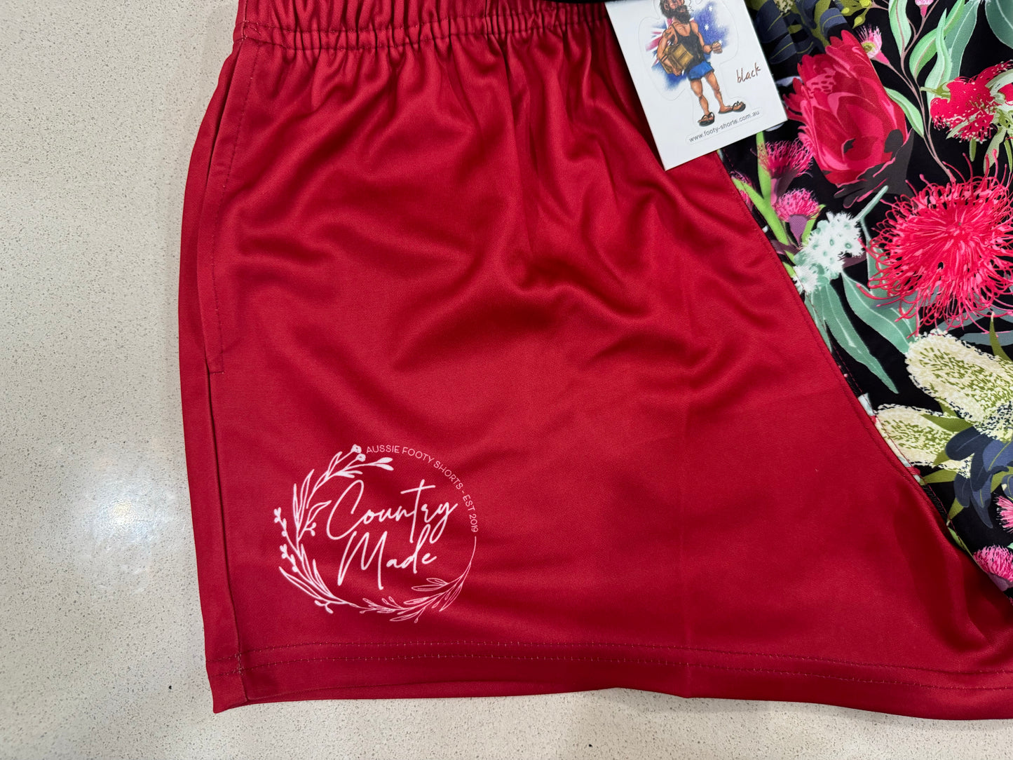 Red Native Flower Footy Shorts (With Pockets)