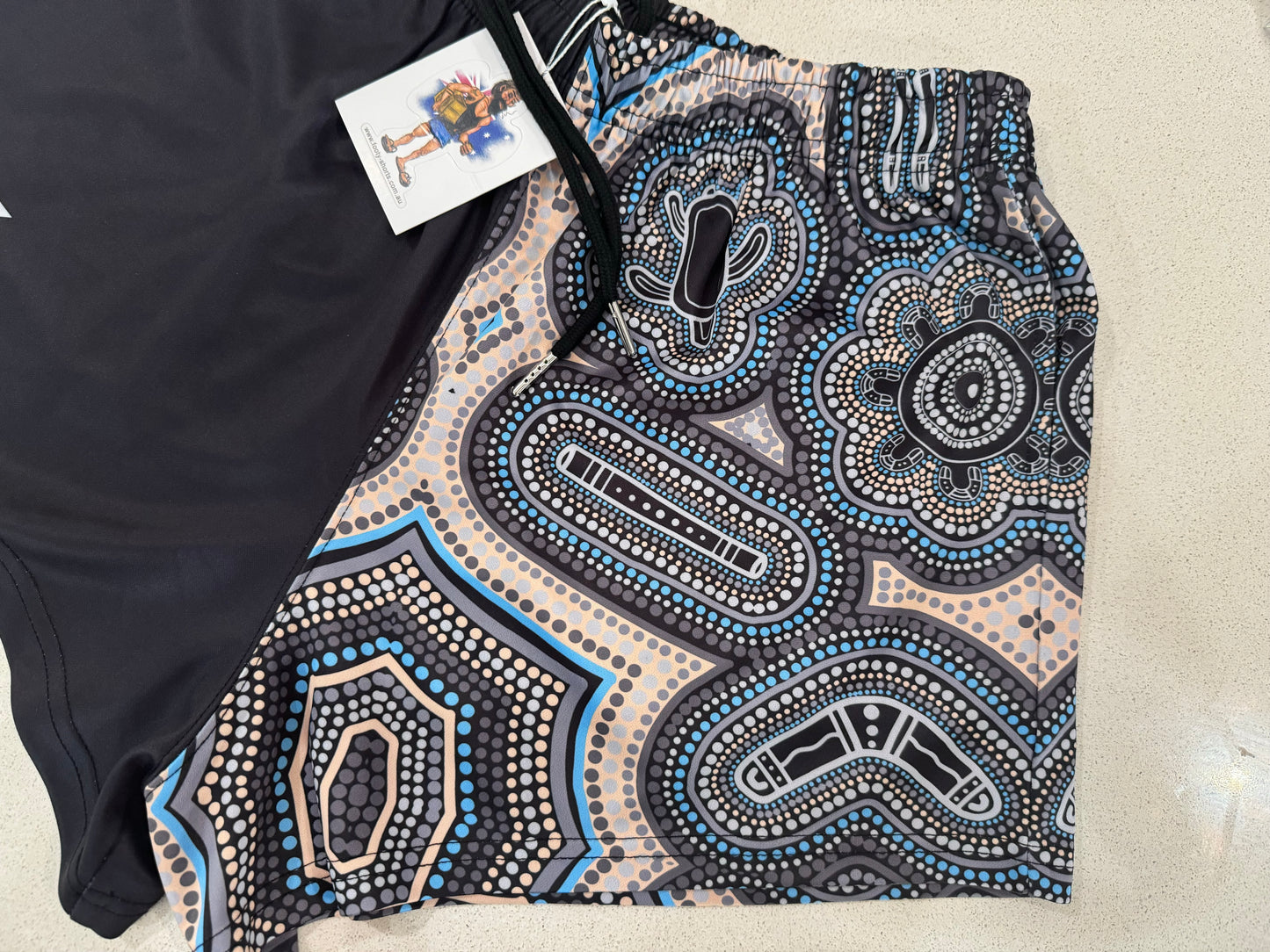 Indigenous Dot Art- Footy Shorts Black (With Pockets) by