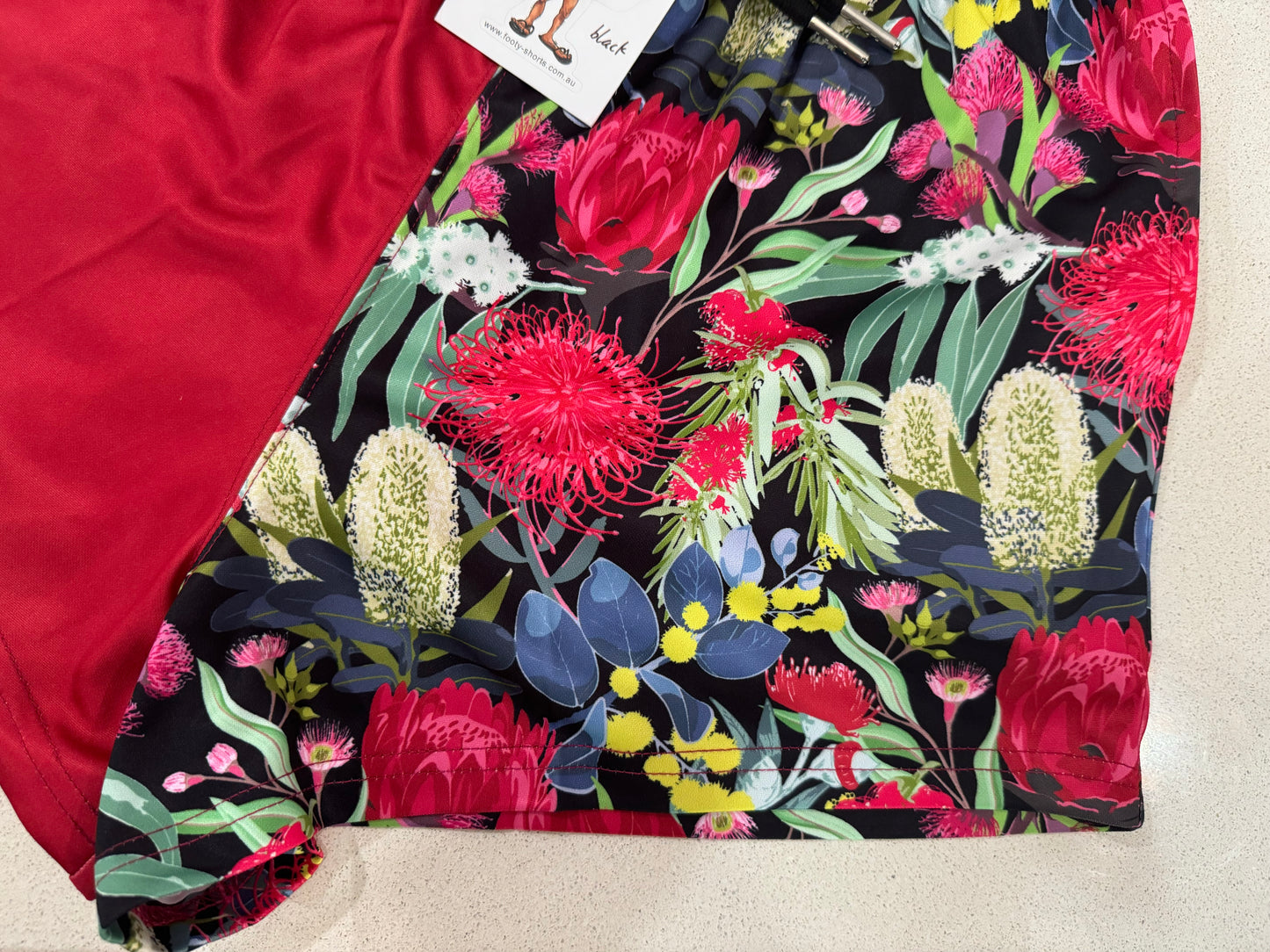 Red Native Flower Footy Shorts (With Pockets)
