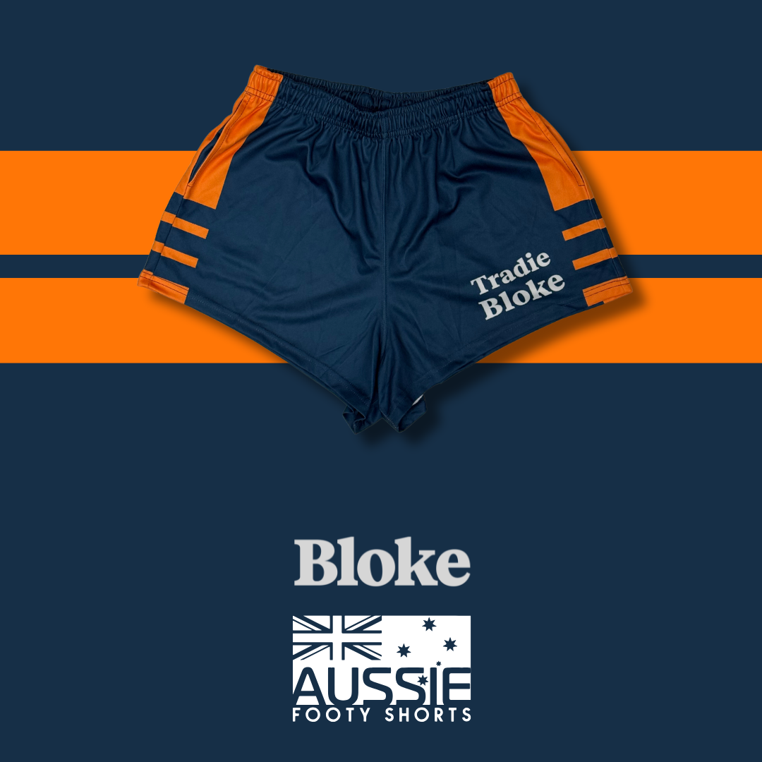 Tradie BLOKE - Blue & Orange Footy Shorts (With Pockets)