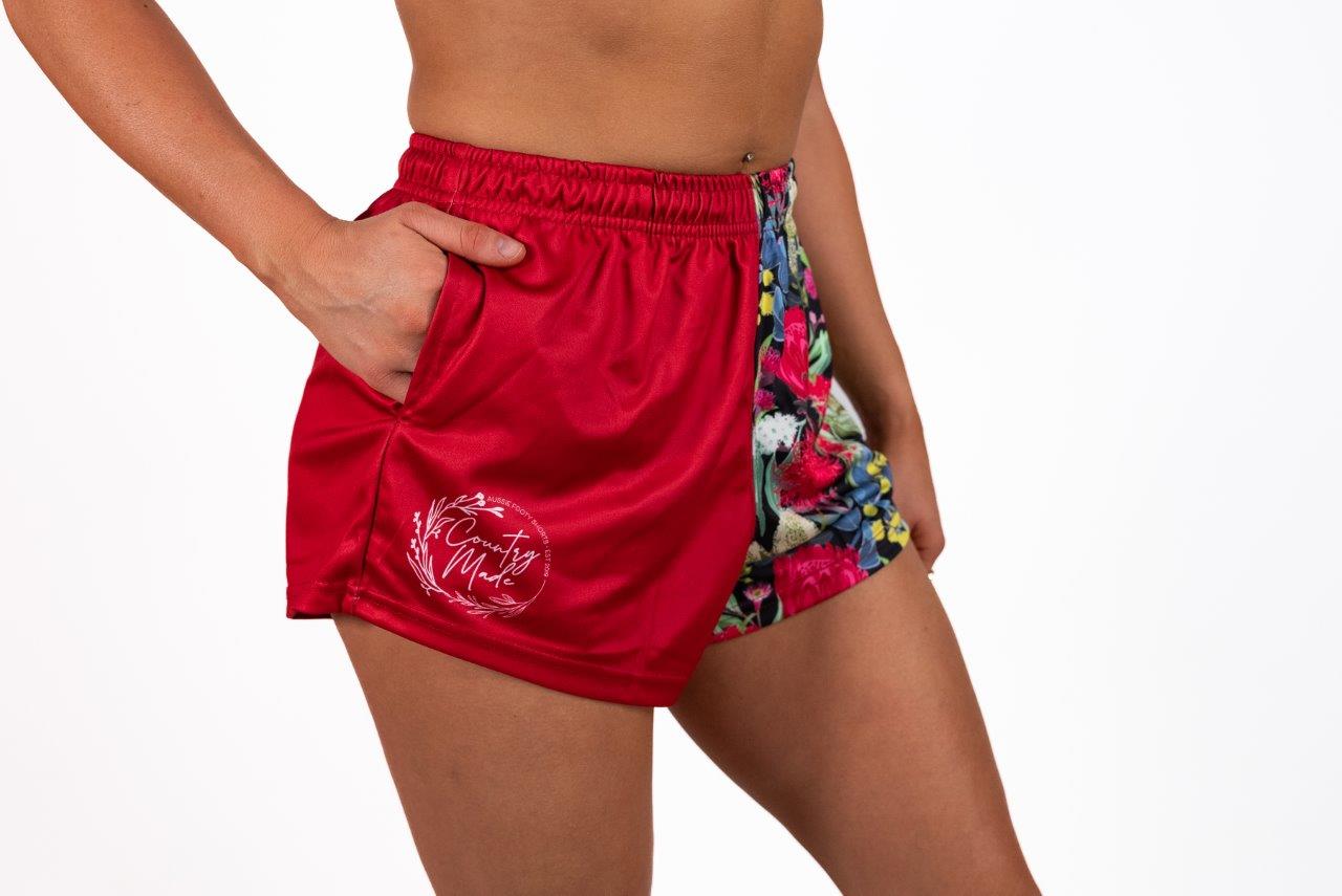 Red Native Flower Footy Shorts (With Pockets)