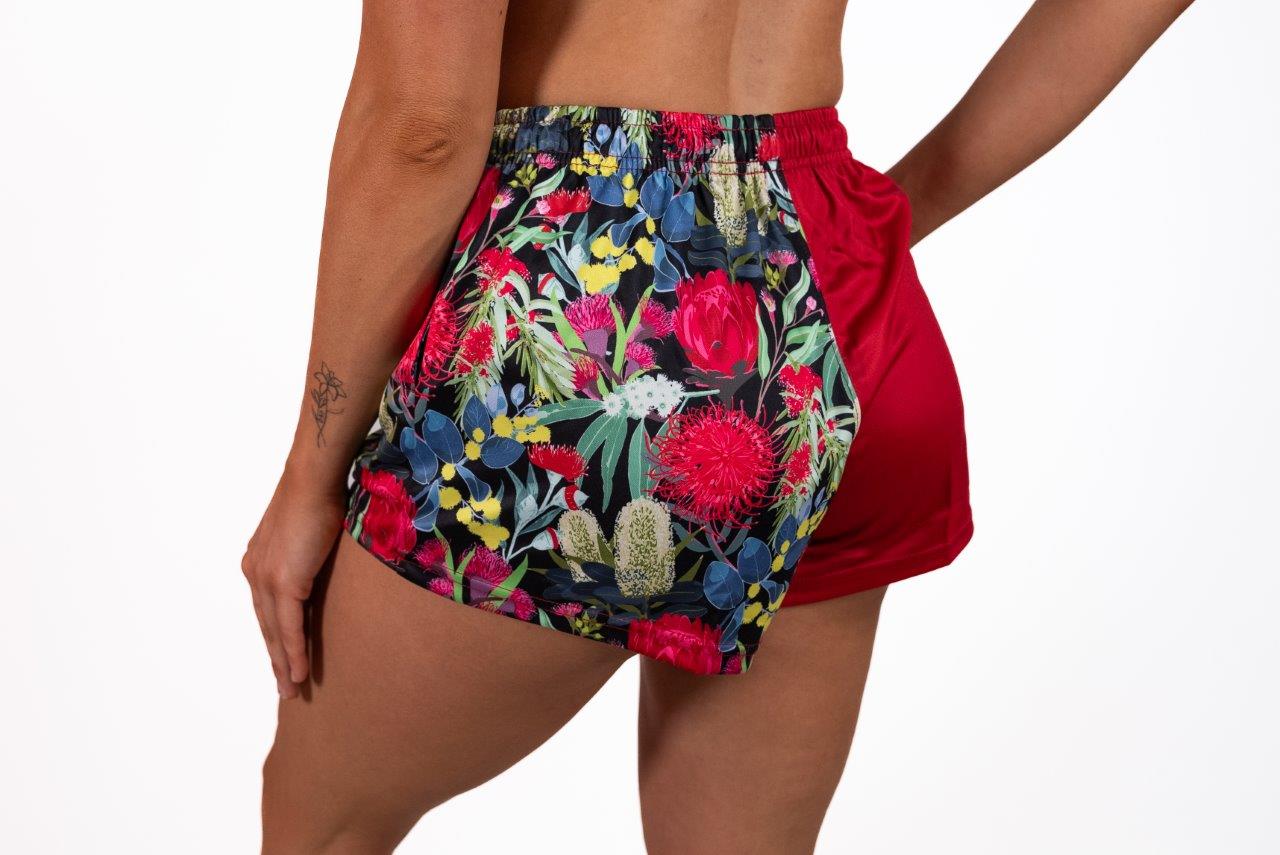 Red Native Flower Footy Shorts (With Pockets)