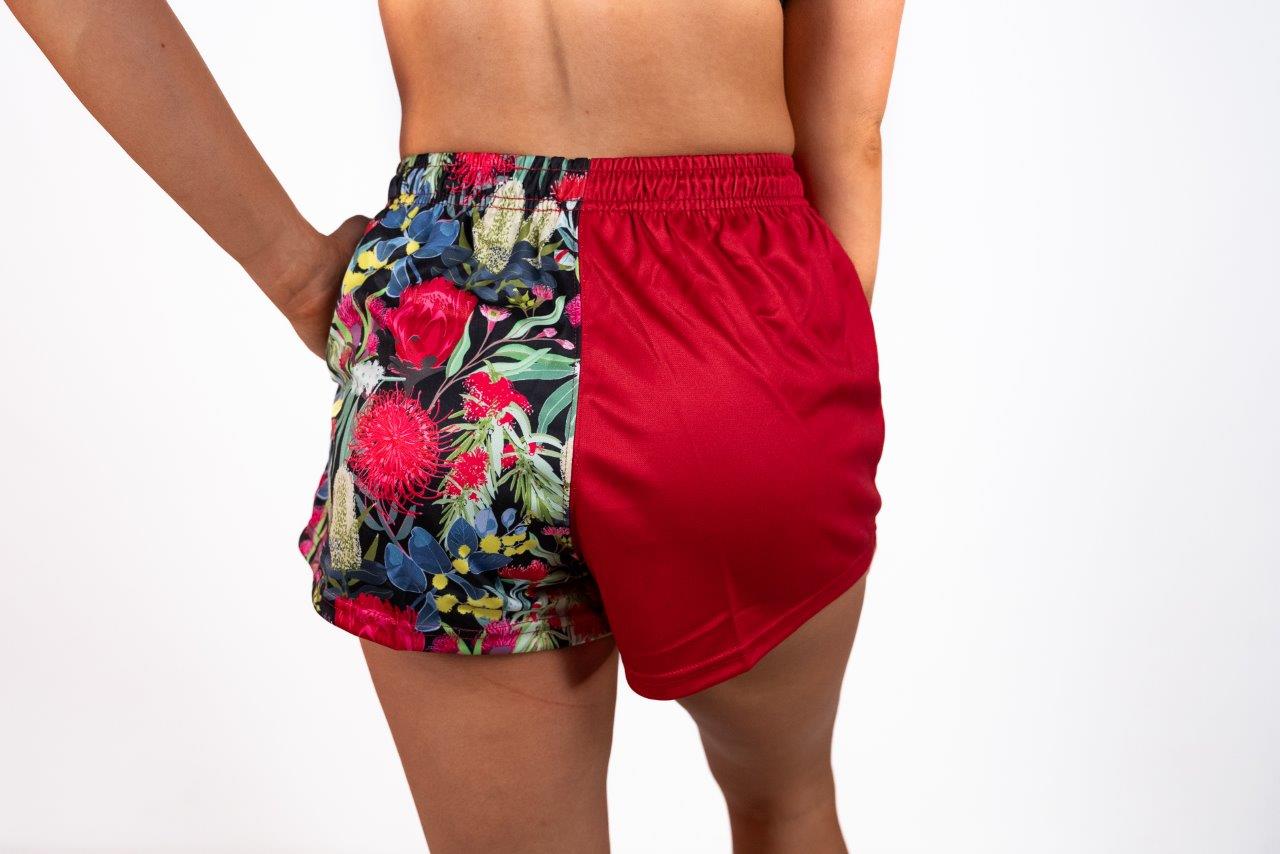 Red Native Flower Footy Shorts (With Pockets)