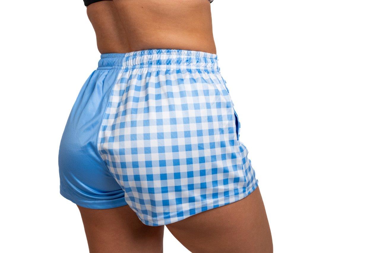 Blue & White Chequered - Footy Shorts (With Pockets) Gingham