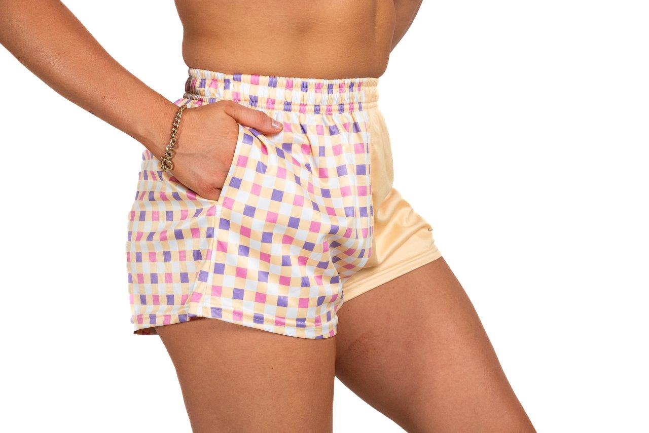 Yellow Chequered - Footy Shorts (With Pockets) Gingham