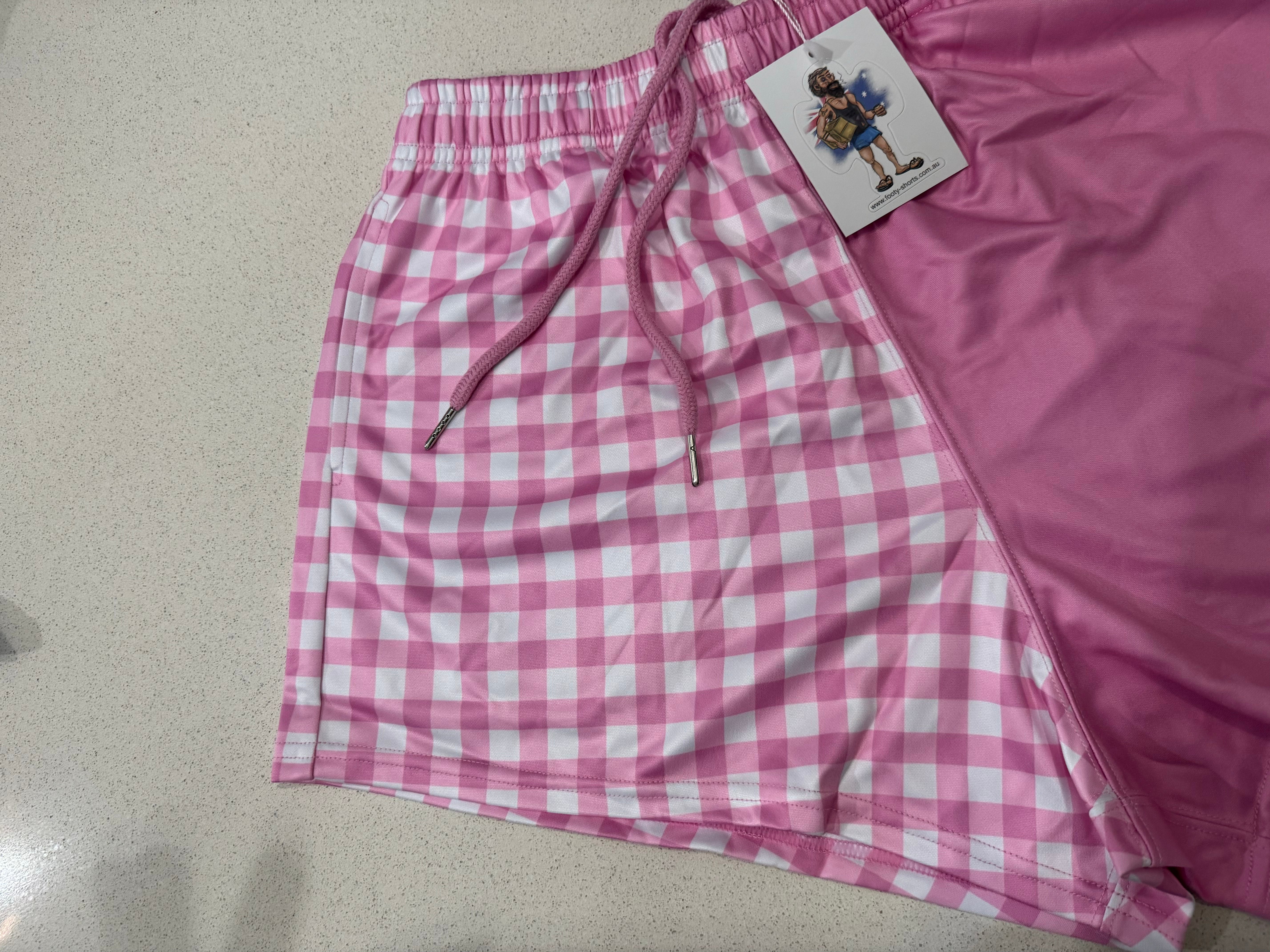 Pink & White Chequered - Footy Shorts (With Pockets) Gingham