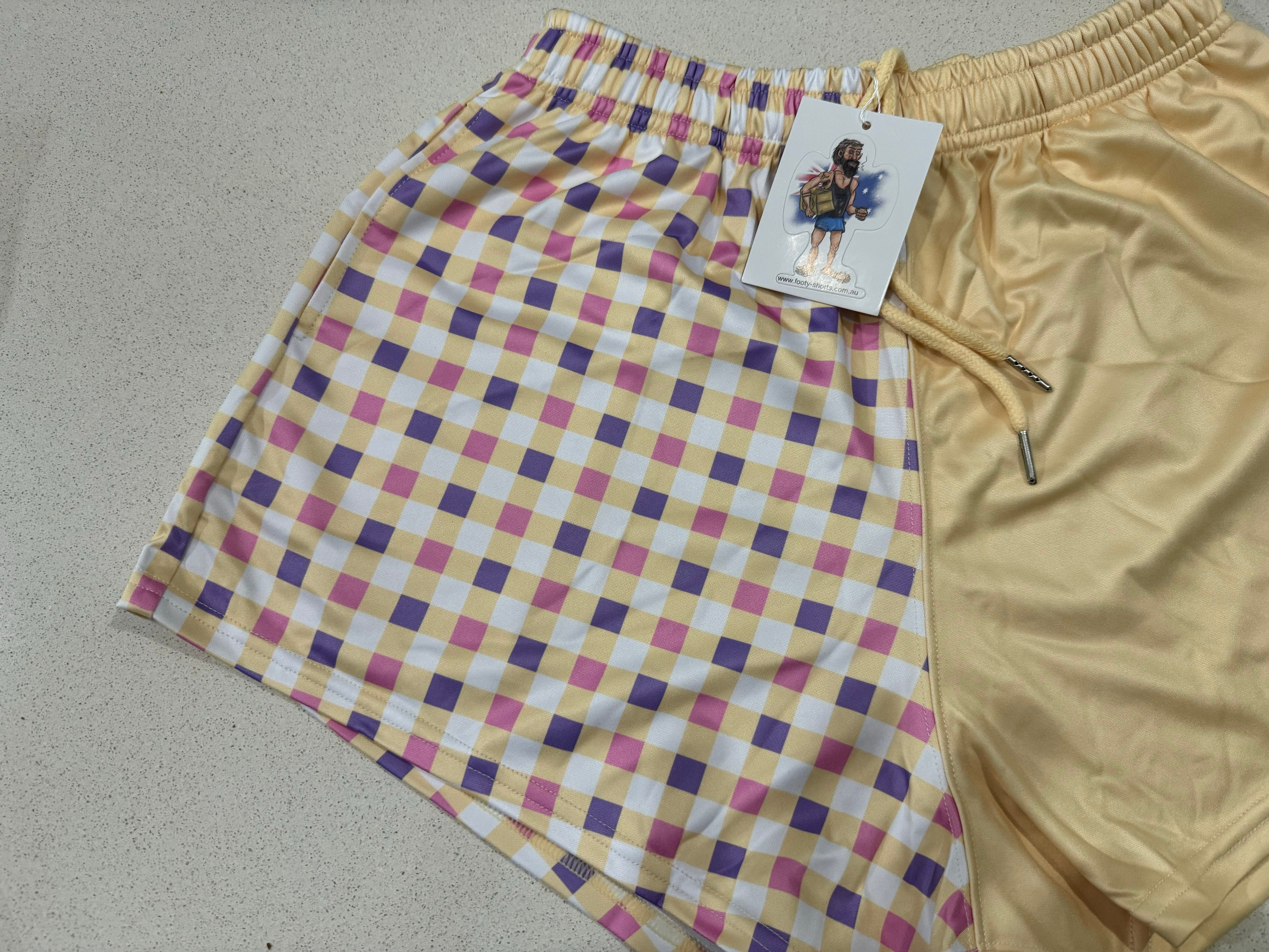 🔥NEW🔥 Yellow Chequered - Footy Shorts (With Pockets) Gingham