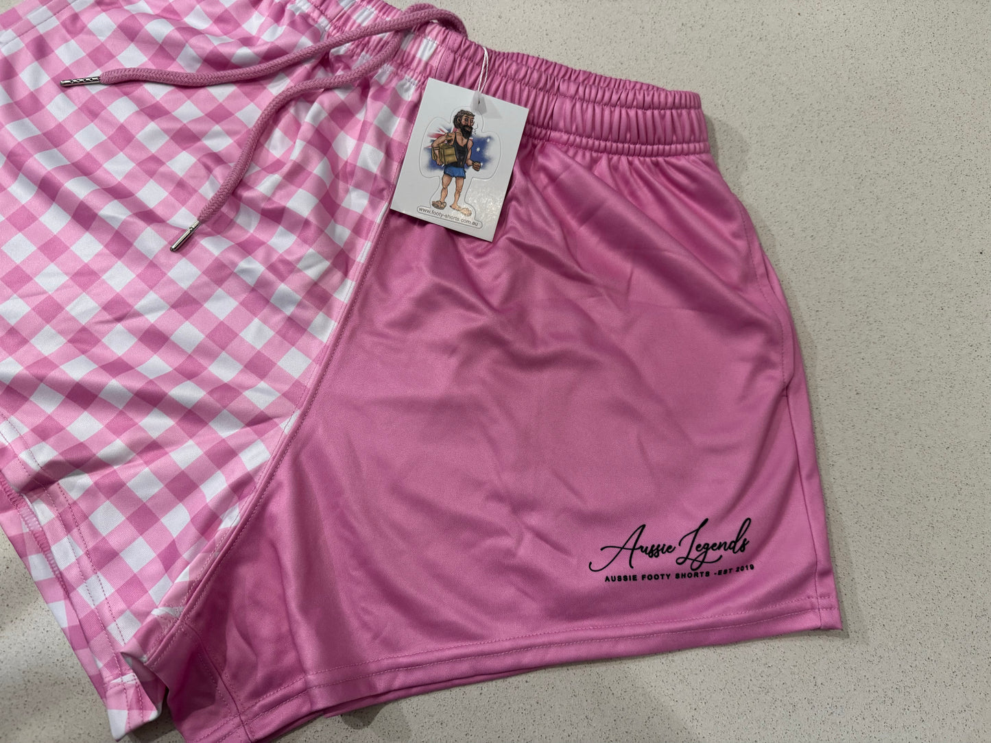 Pink & White Chequered - Footy Shorts (With Pockets) Gingham