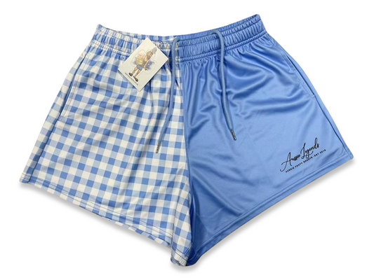 Blue & White Gingham Footy Shorts (With Pockets)