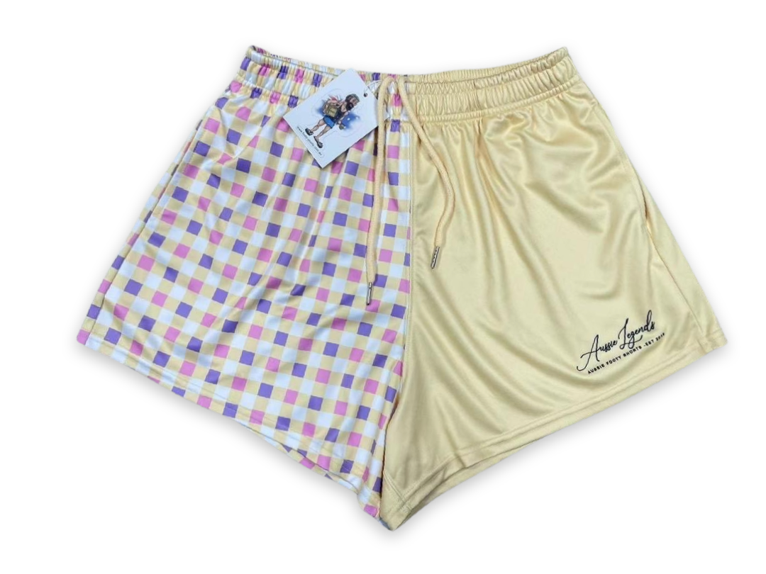 Yellow Chequered - Footy Shorts (With Pockets) Gingham