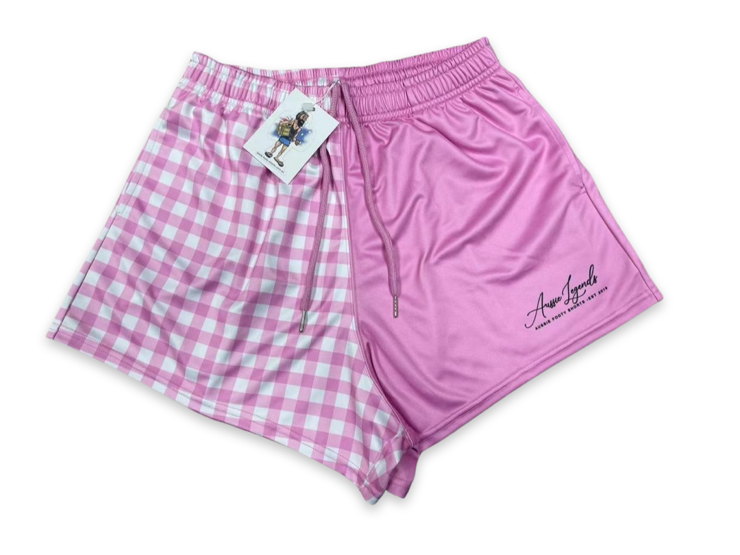 Pink & White Chequered - Footy Shorts (With Pockets) Gingham