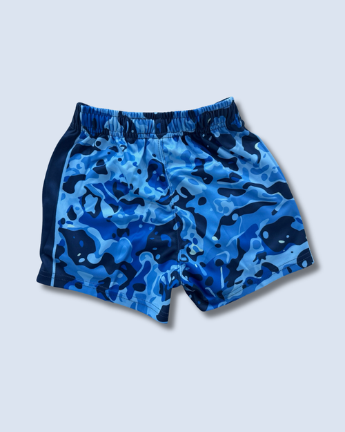 Kids Blue Camo,  Footy Shorts (With Pockets)