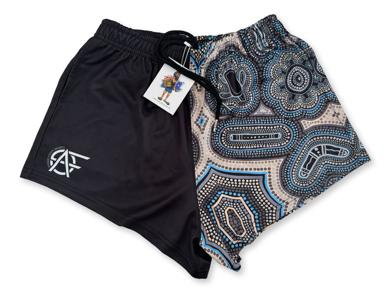 Indigenous Dot Art- Footy Shorts Black (With Pockets) by