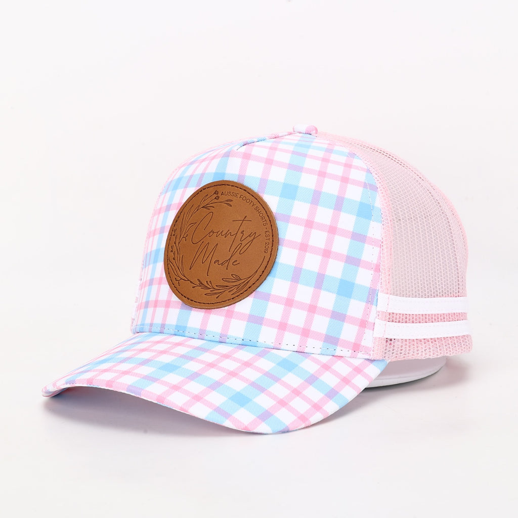 Truckers Hat | Country Made, Pink & Blue, Leather Patch