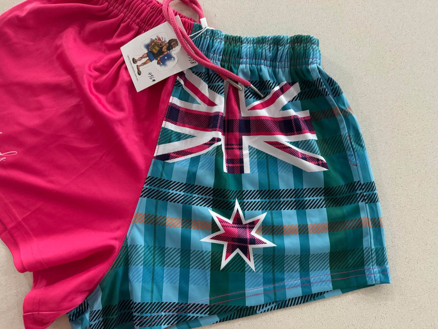 Ladies Pink Aus Flag Footy Shorts (With Pockets)