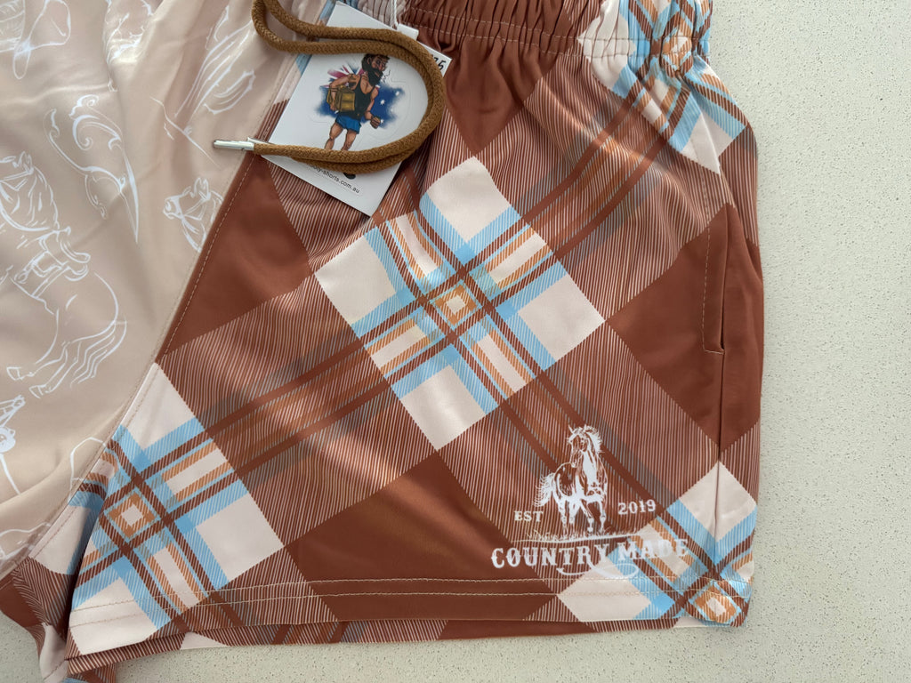 Brown Tartan Horse Footy Shorts (With Pockets)