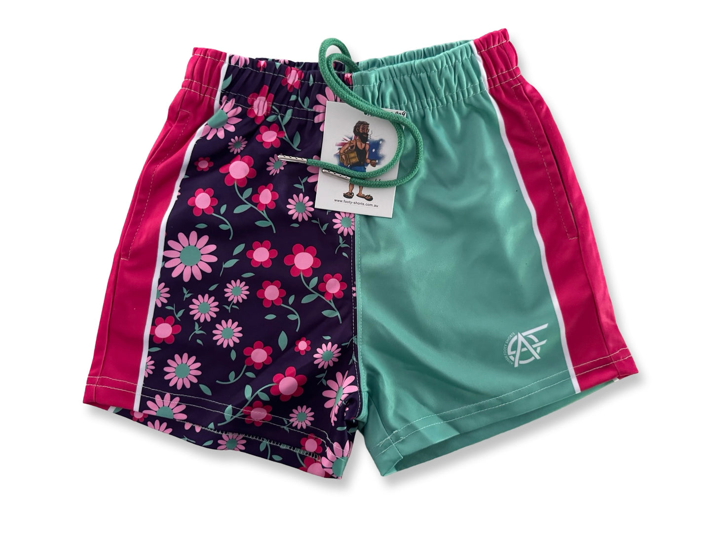 Kids Green Flowers Footy Shorts (With Pockets)