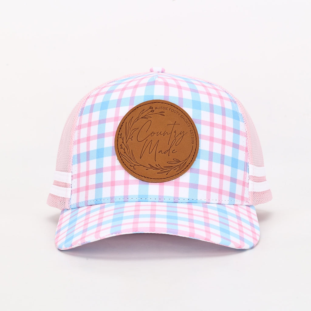 Truckers Hat | Country Made, Pink & Blue, Leather Patch