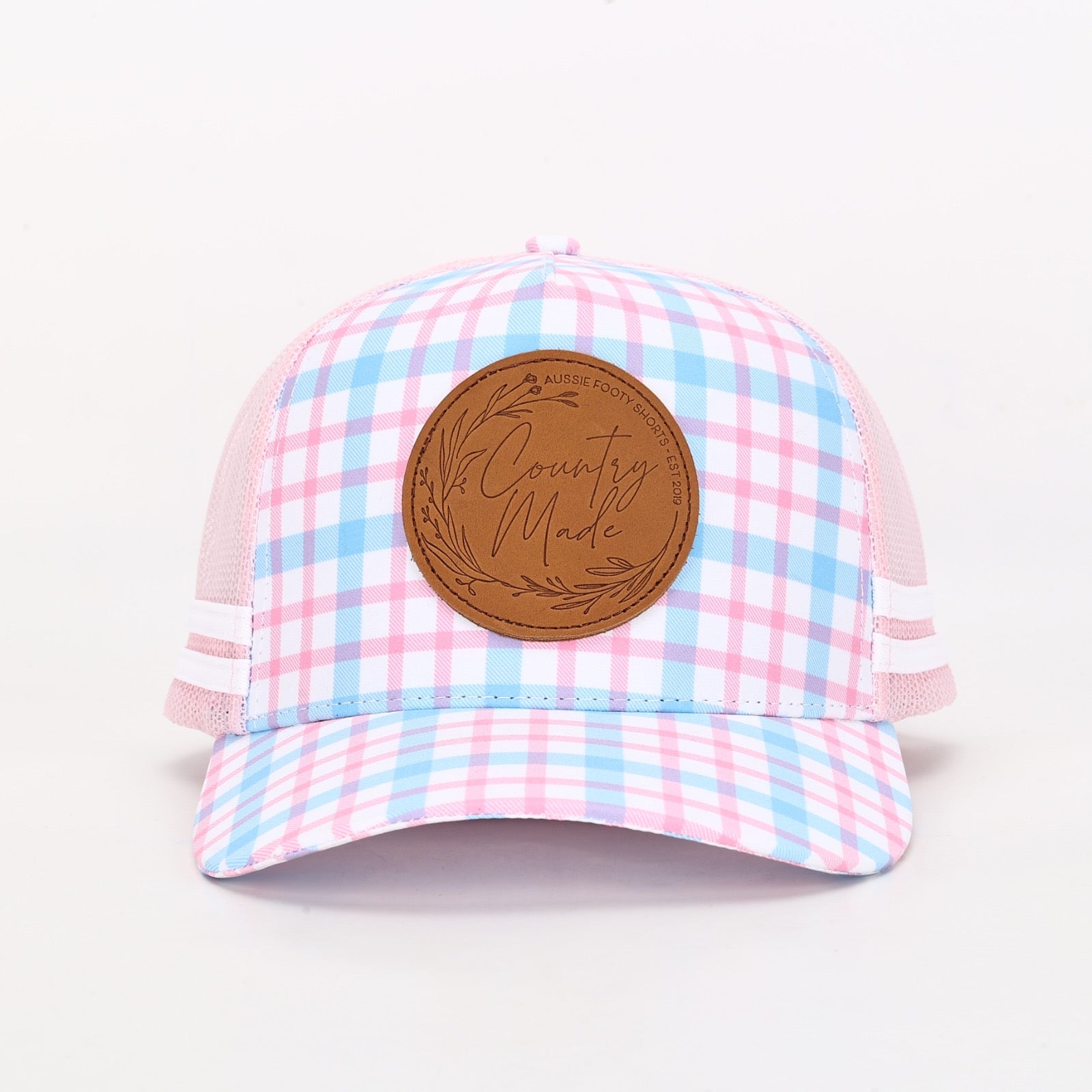 Truckers Hat | Country Made, Pink & Blue, Leather Patch