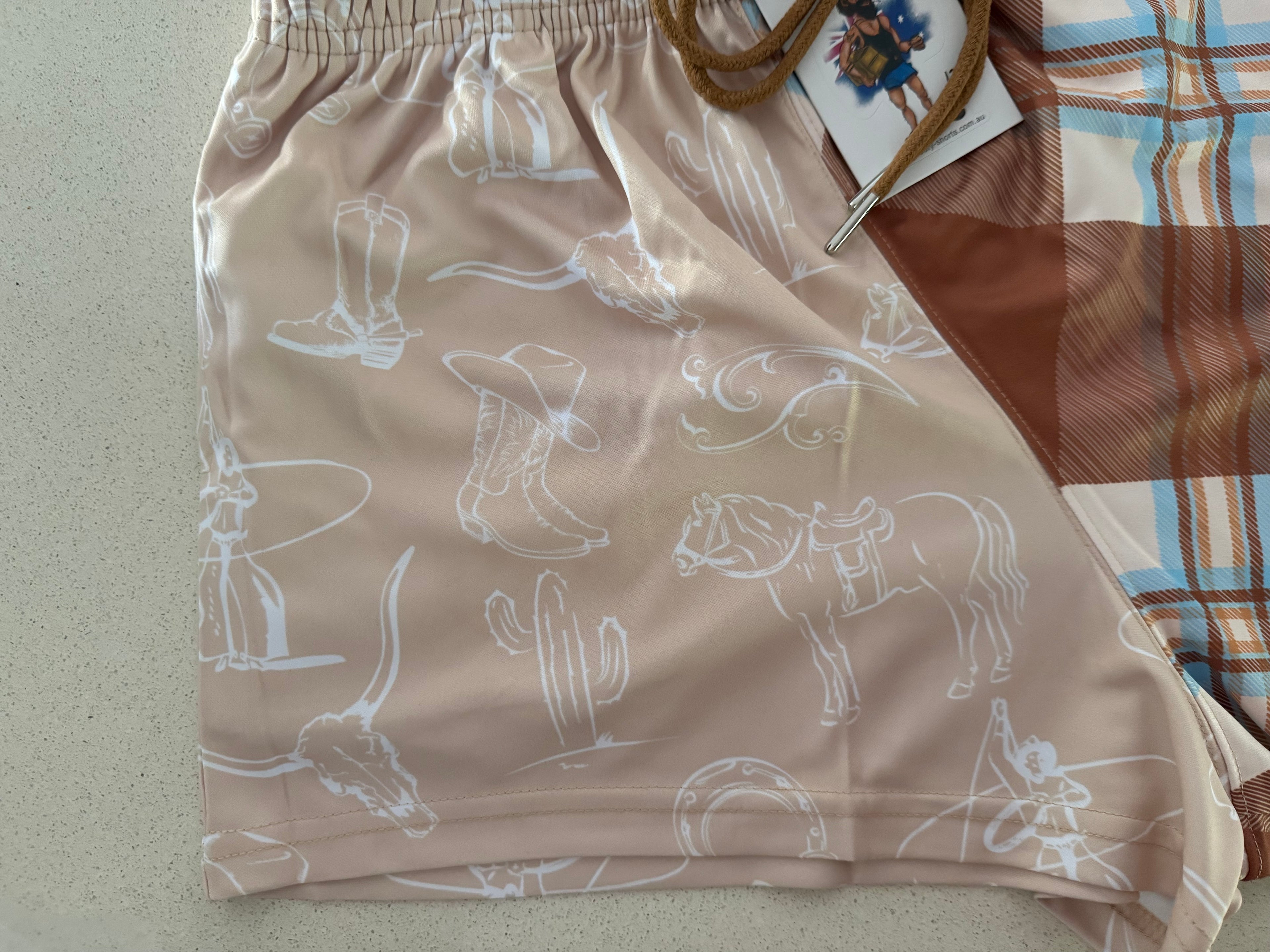 Brown Tartan Horse Footy Shorts (With Pockets)