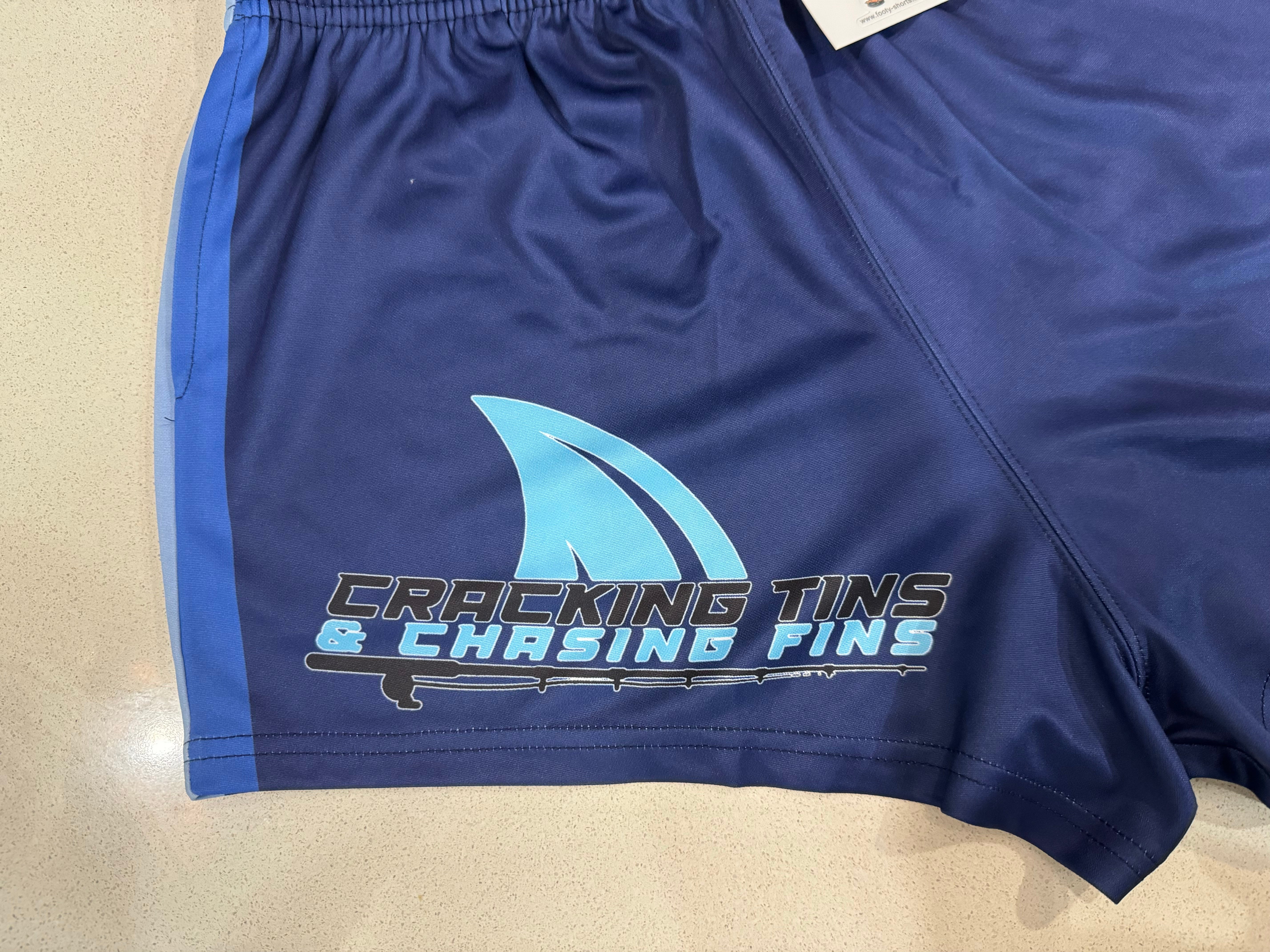 🔥NEW🔥 CRACKING TINS & CHASING FINS- Footy Shorts (With Pockets)