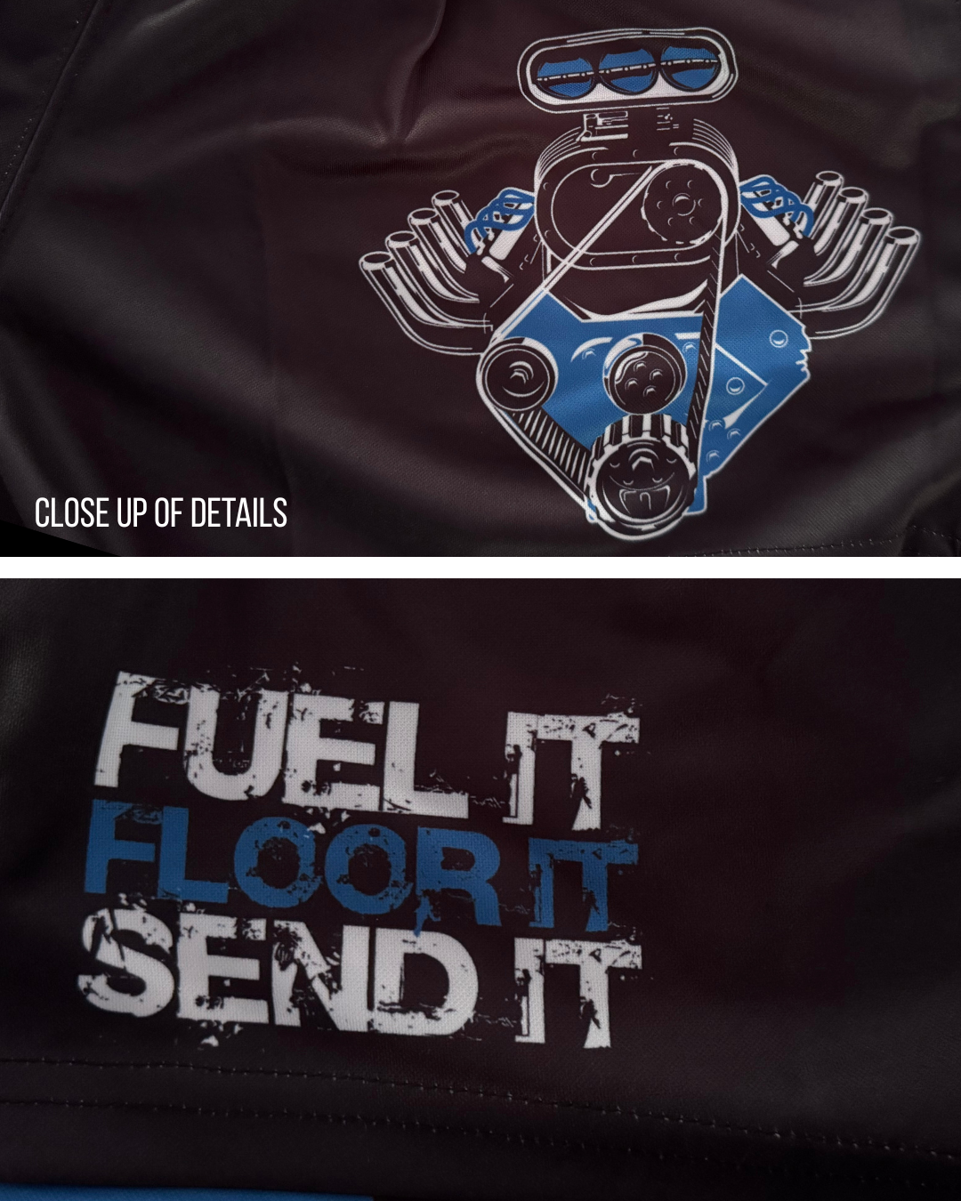 "Fuel it, Floor it, Send it!" BLUE Footy Shorts (With Pockets)