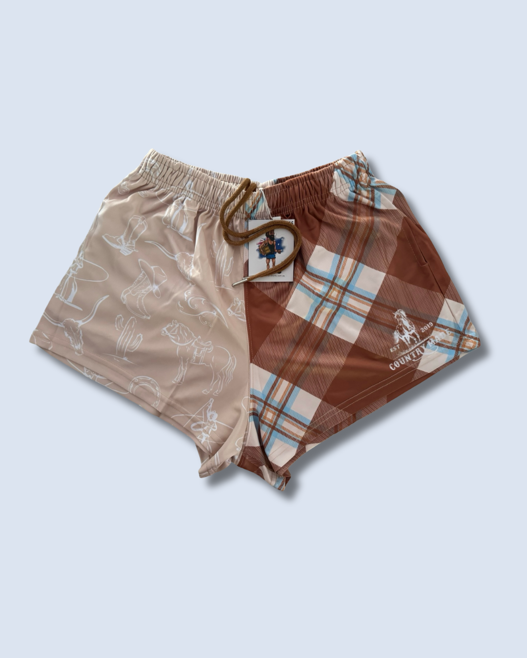 Brown Tartan Horse Footy Shorts (With Pockets)